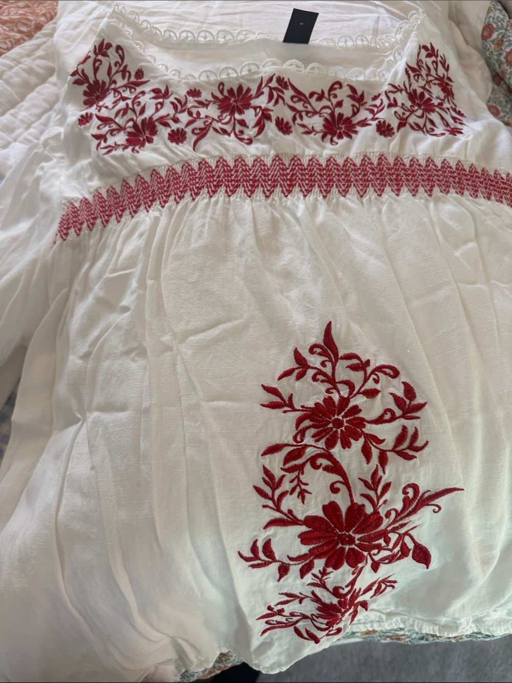 SHEIN White Boho Blouse with Red Floral Embroidery